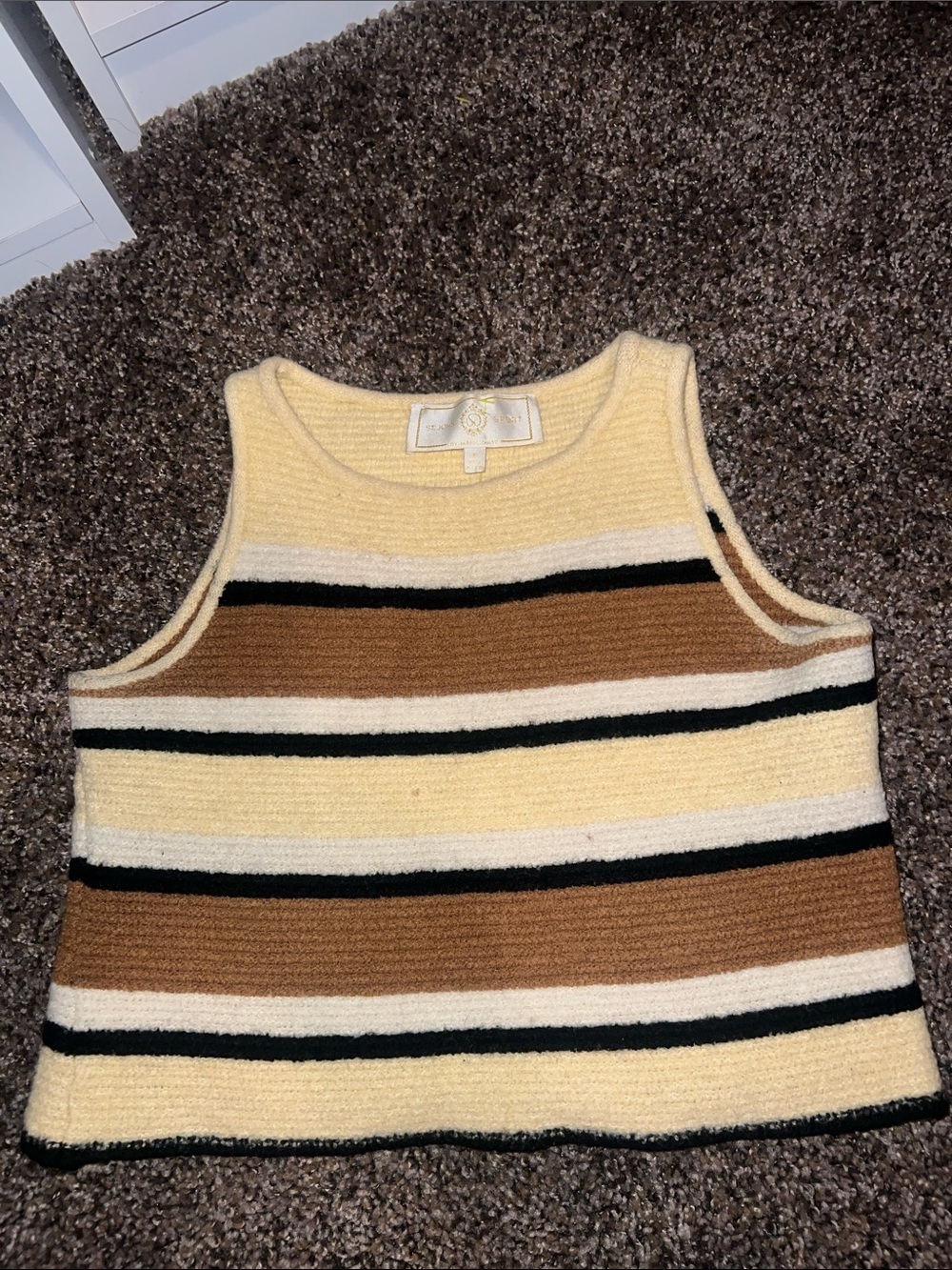 Striped Knit Tank Top in Cream, Brown & Black-Vintage St John Sport